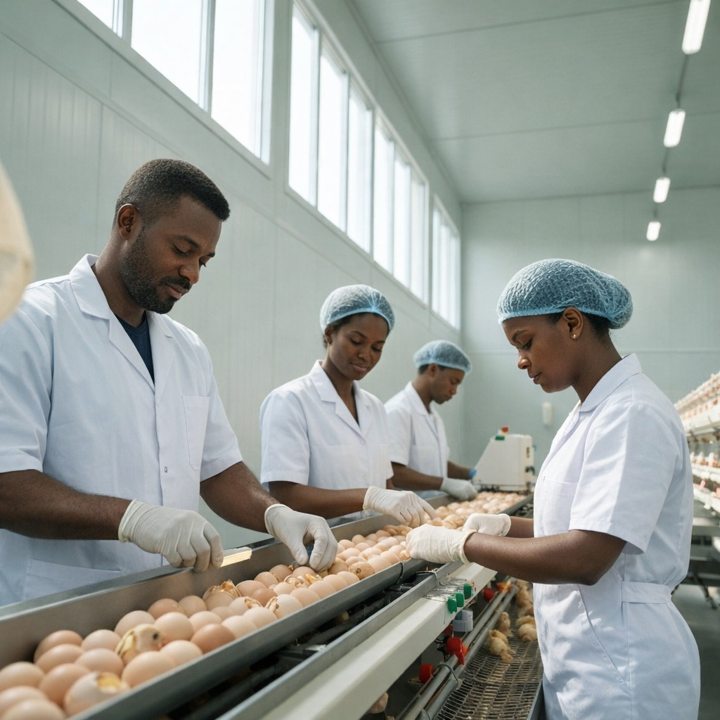 Babtakfarms team sorting eggs and chicks at hatchery